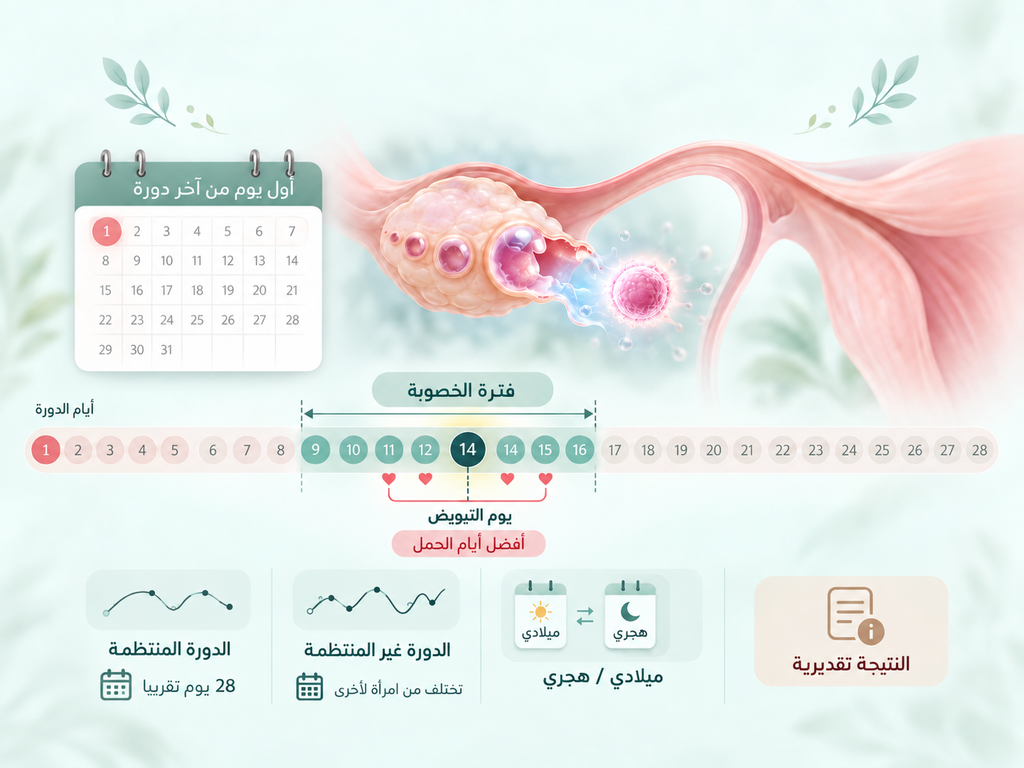 مخطط حاسبة التبويض يوضح يوم التبويض وفترة الخصوبة وأفضل أيام الحمل على مدى أيام الدورة