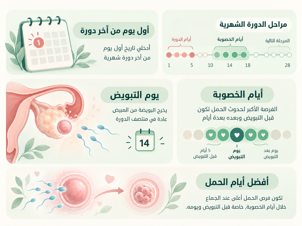 مخطط حاسبة الدورة الشهرية يوضح إدخال أول يوم لآخر حيض ومتوسط طول الدورة لتحديد الموعد القادم وأيام الخصوبة
