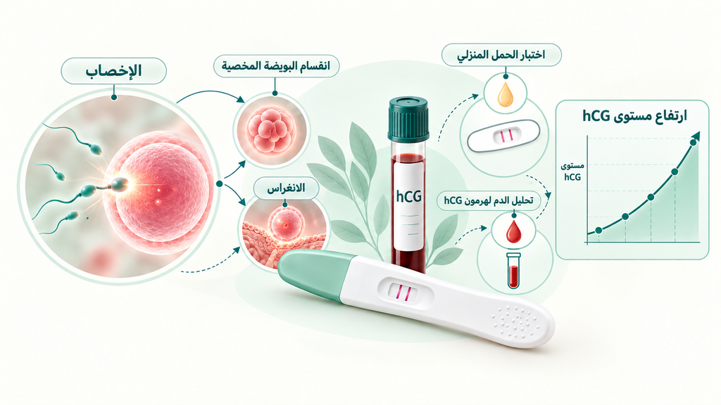 مخطط يوضح رحلة هرمون hCG من الإخصاب والانغراس إلى اختبار الحمل المنزلي وتحليل الدم وارتفاع مستواه