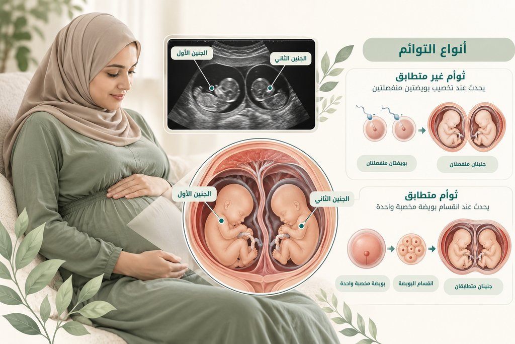 صورة دليل الحمل بتوأم توضح أنواع التوائم المتطابق وغير المتطابق وصورة سونار لجنينين