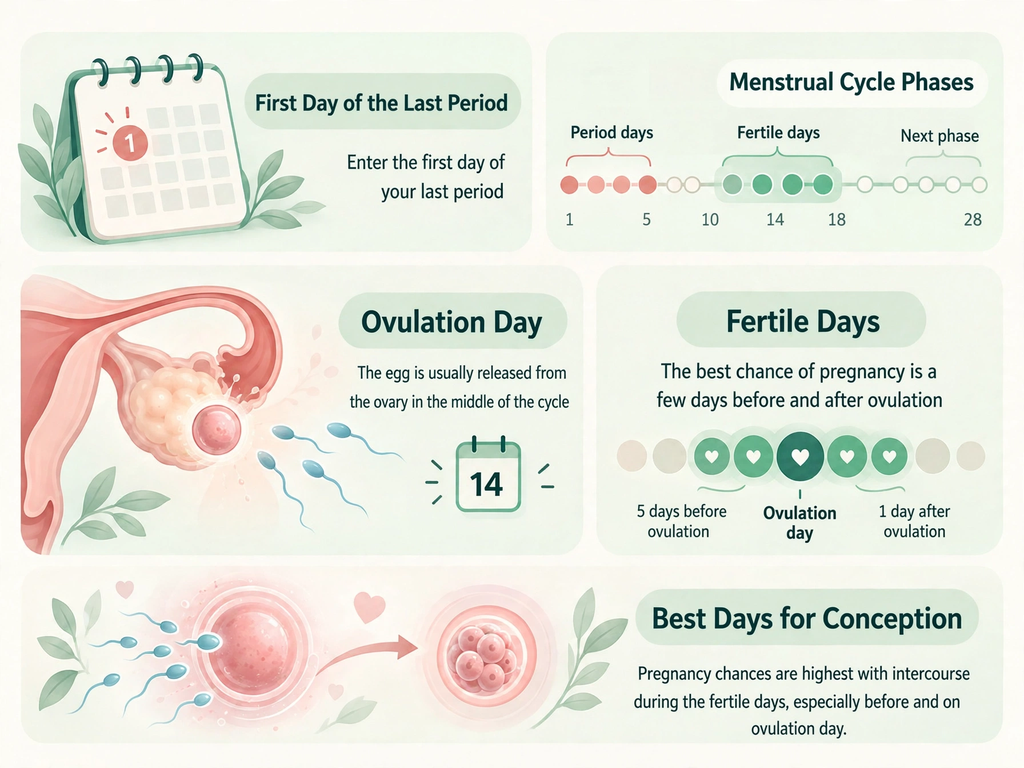 Menstrual cycle calculator diagram showing how entering the first day of the last menstrual period and the average cycle length helps estimate the next period date and fertile days.