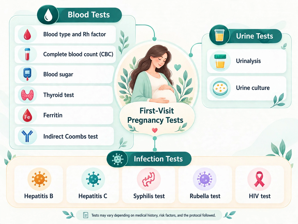 Pregnancy and childbirth guide diagram showing early pregnancy tests and daily care in the first visit