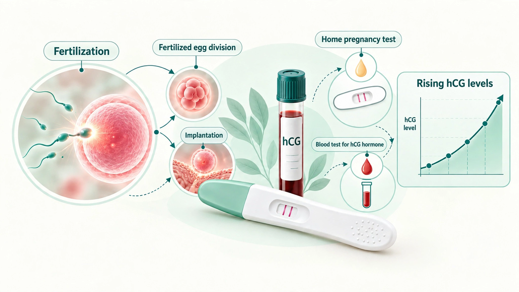 Pregnancy Test and hCG Calculator diagram showing the hCG hormone journey from fertilization and implantation to the home pregnancy test, the blood test, and rising hormone levels