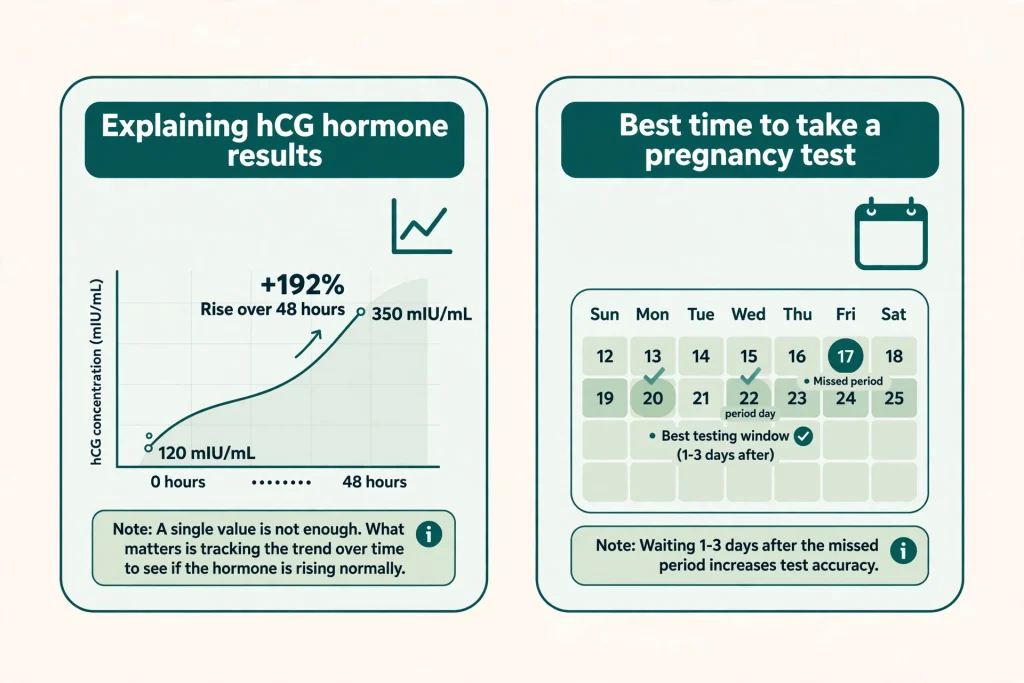 Pregnancy test and hCG calculator diagram showing the best time to take a pregnancy test and explaining the hormone results