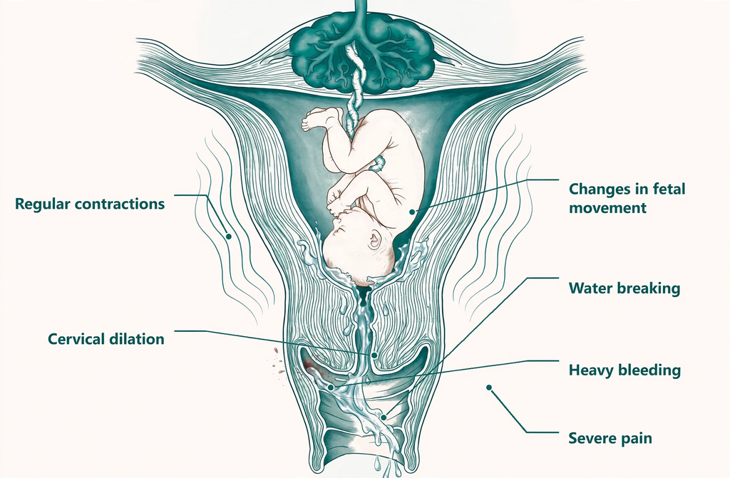 An illustration from a pregnancy and childbirth guide showing signs of labor and signs requiring urgent care.