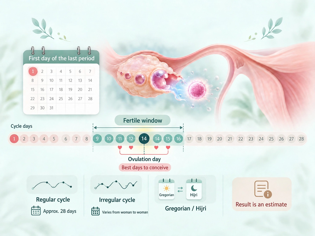 Ovulation calculator diagram showing ovulation day, the fertile period, and the best days for pregnancy across the days of the cycle