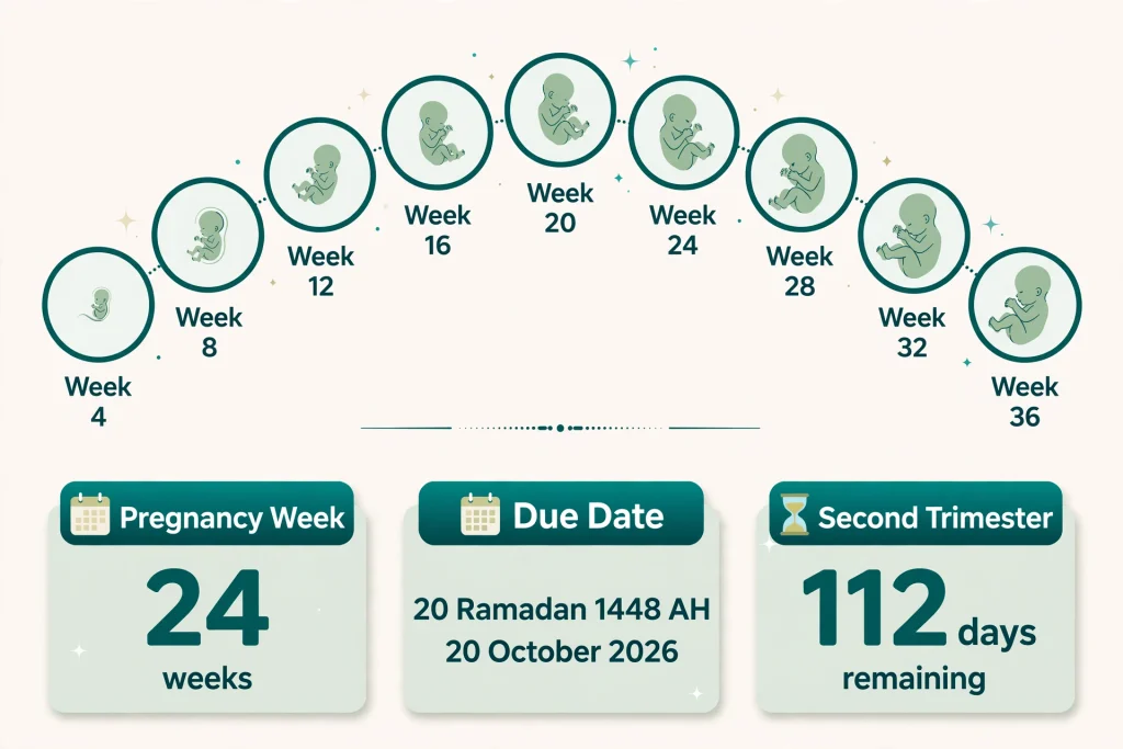 The pregnancy calculator shows weekly fetal growth and the due date.