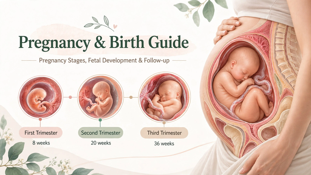 Pregnancy and childbirth guide image showing the three trimesters and fetal development at weeks 8, 20, and 36