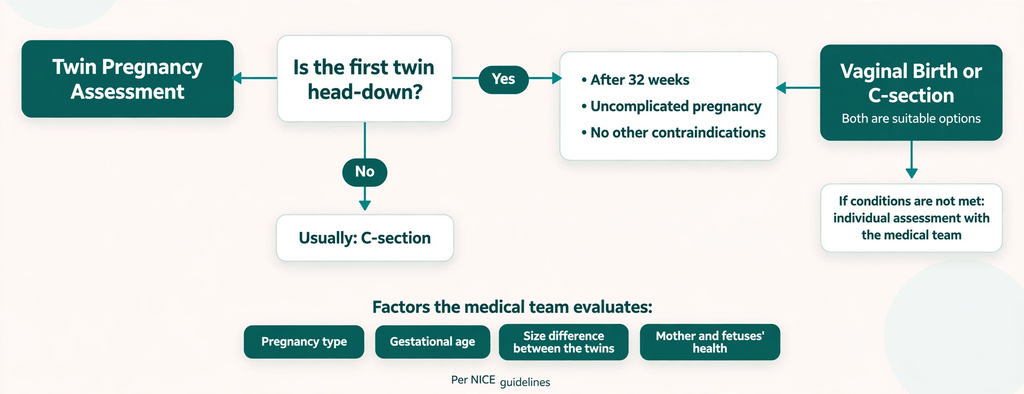 Twin pregnancy guide flowchart showing vaginal or C-section birth decision based on the first twin's position and medical factors