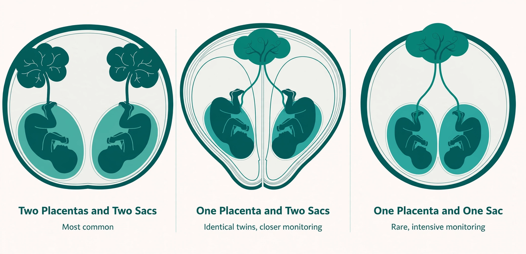 Twin pregnancy guide diagram showing placenta and sac types from two placentas and two sacs to one placenta and one sac