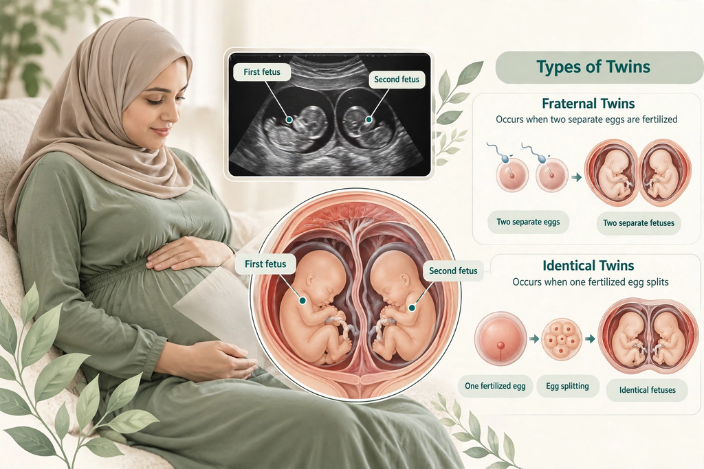 Twin pregnancy guide image showing identical and fraternal twin types with an ultrasound of two fetuses