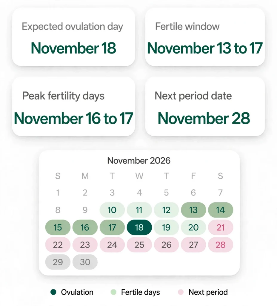 Image showing the ovulation calculator result with ovulation day cards, the fertile window, the period date, and the color-coded calendar with its legend