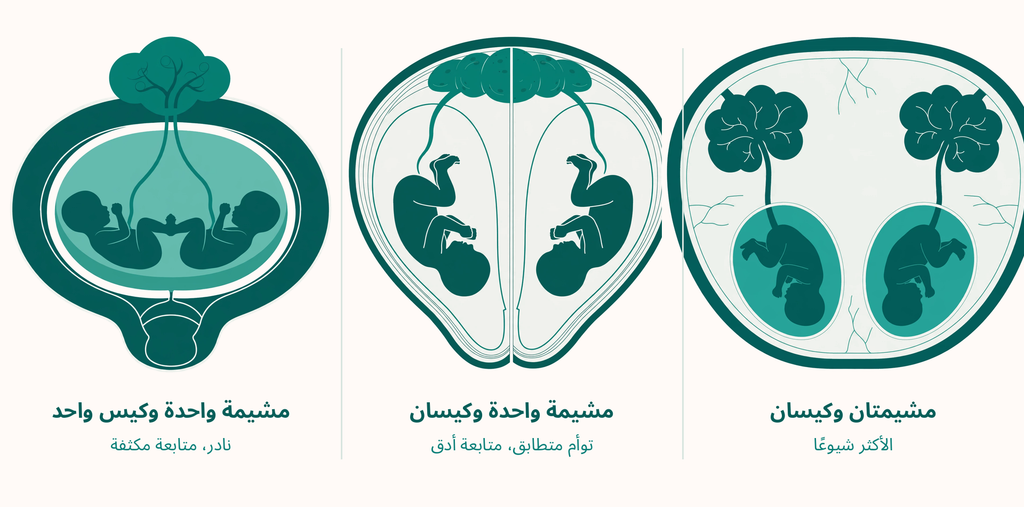 مخطط دليل الحمل بتوأم يوضح أنواع المشيمة والأكياس من مشيمتين وكيسين إلى مشيمة واحدة وكيس واحد